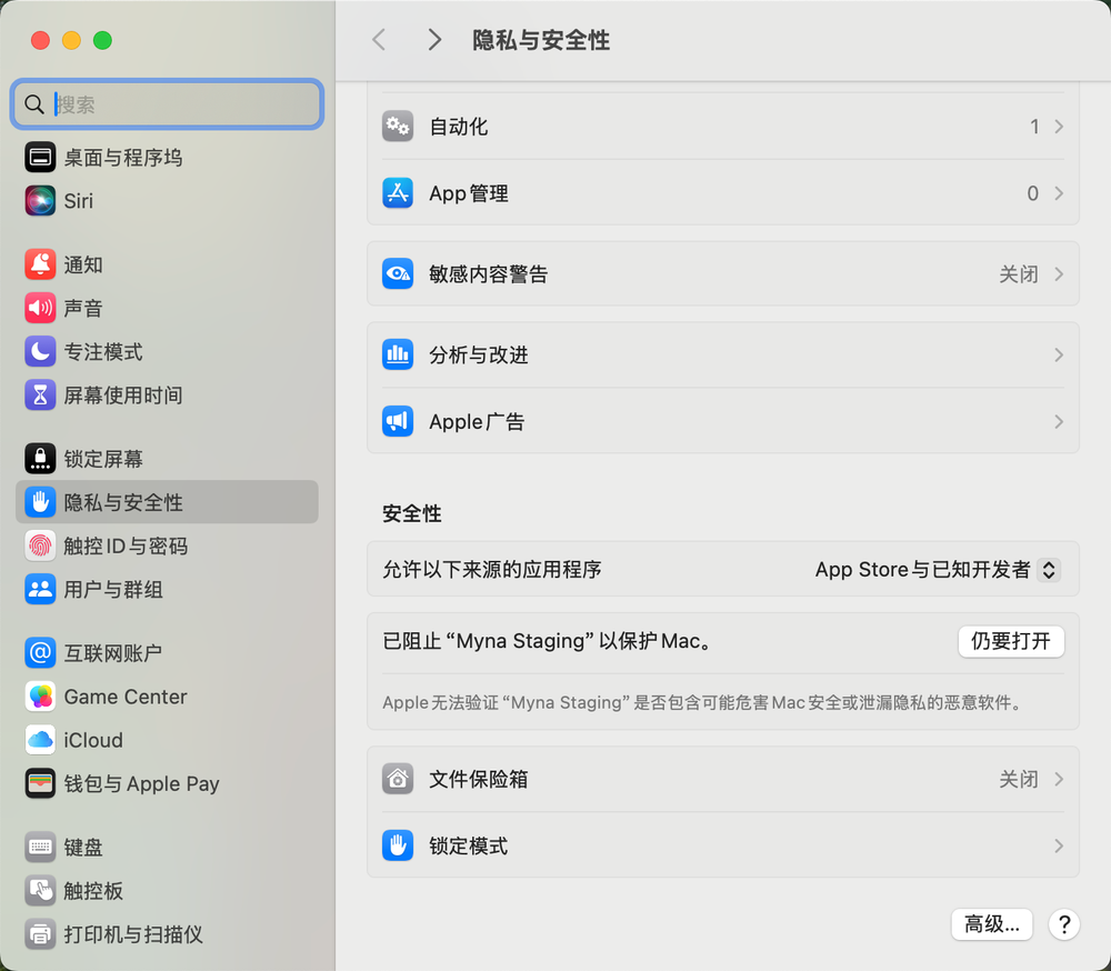 系统设置的隐私与安全性页面，底部安全性一栏有仍要打开按钮